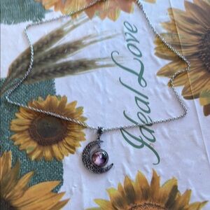 Silver Crescent Moon Necklace with Pink Gem